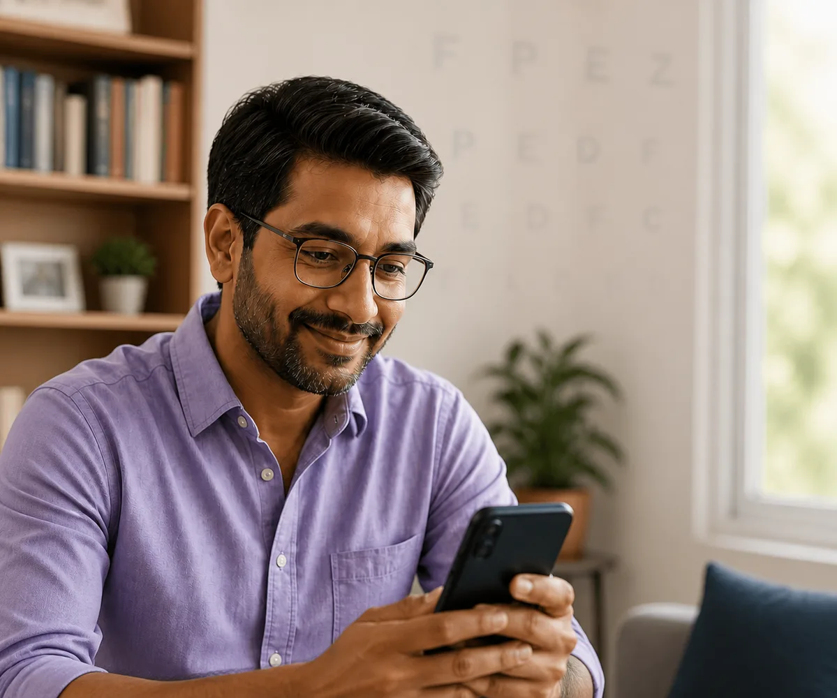 An Indian man reading on his phone at home